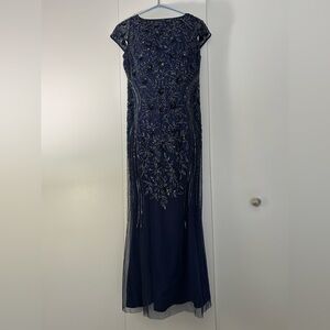 Navy Beaded Cap-Sleeve Wedding Guest Dress